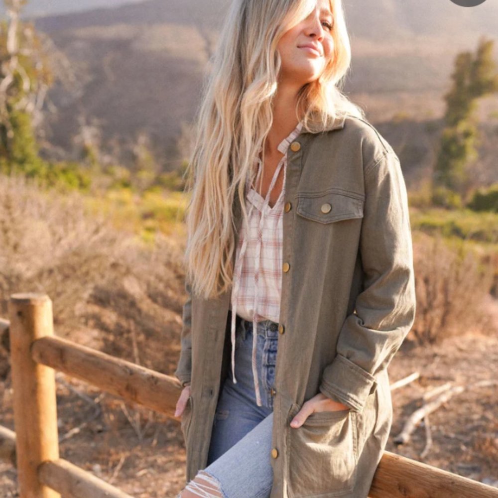 New! CJLA Carly Jean Los Angeles Drew Duster Trench Jacket in Olive.  Size Small